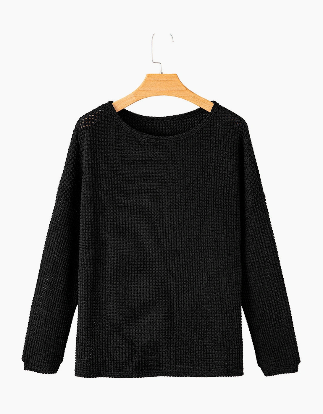 Black Waffle Knit Drop Shoulder Long Sleeve Top