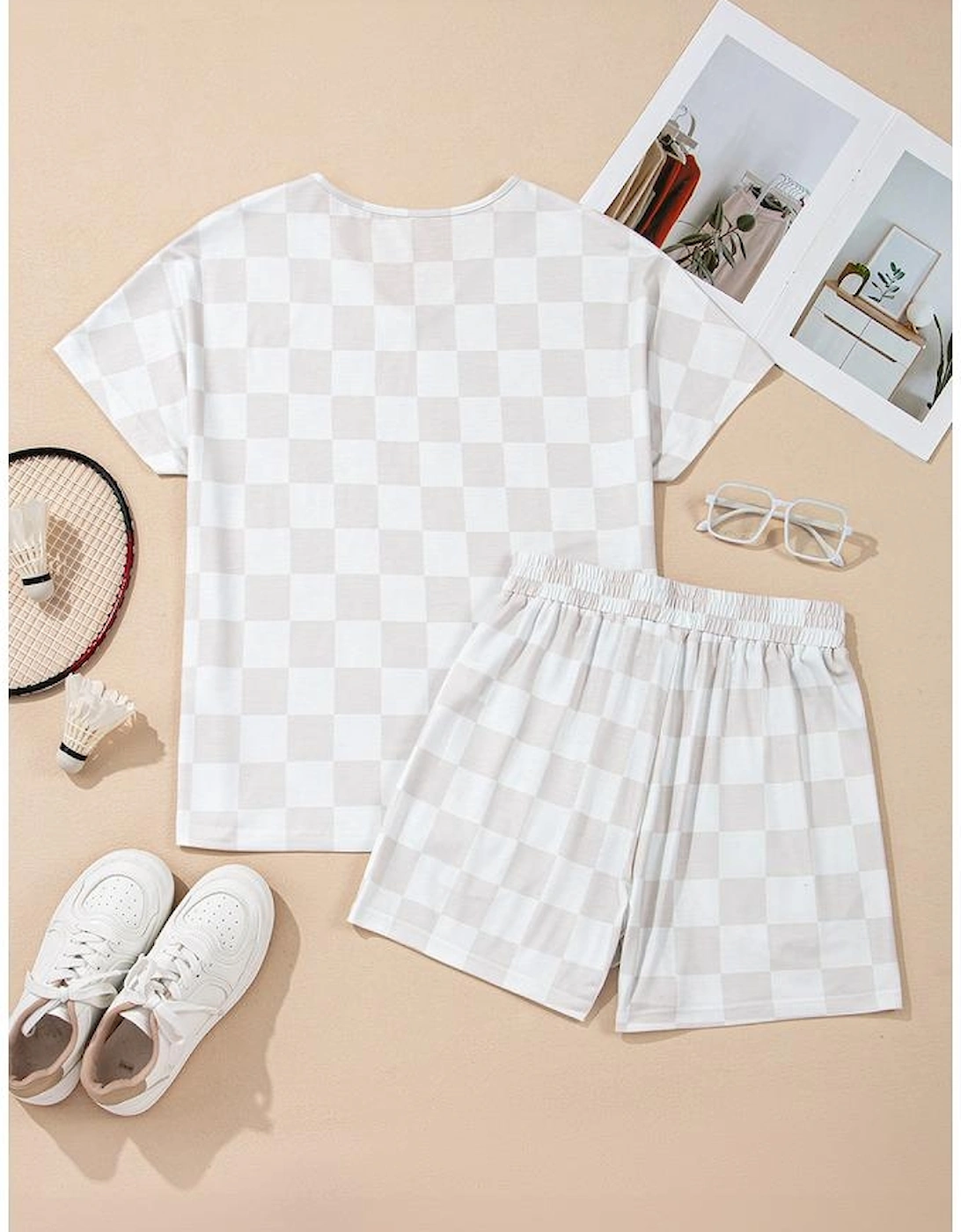 Beige Checkered V Neck Tee Drawstring Shorts Lounge Set