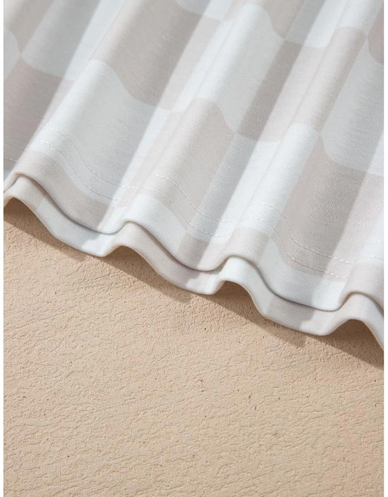 Beige Checkered V Neck Tee Drawstring Shorts Lounge Set