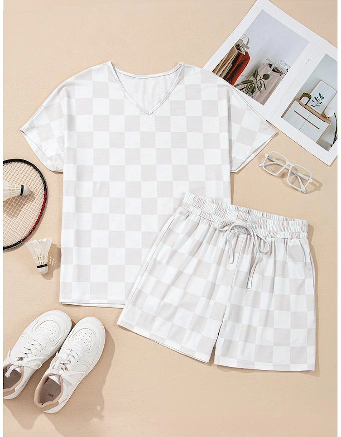 Beige Checkered V Neck Tee Drawstring Shorts Lounge Set