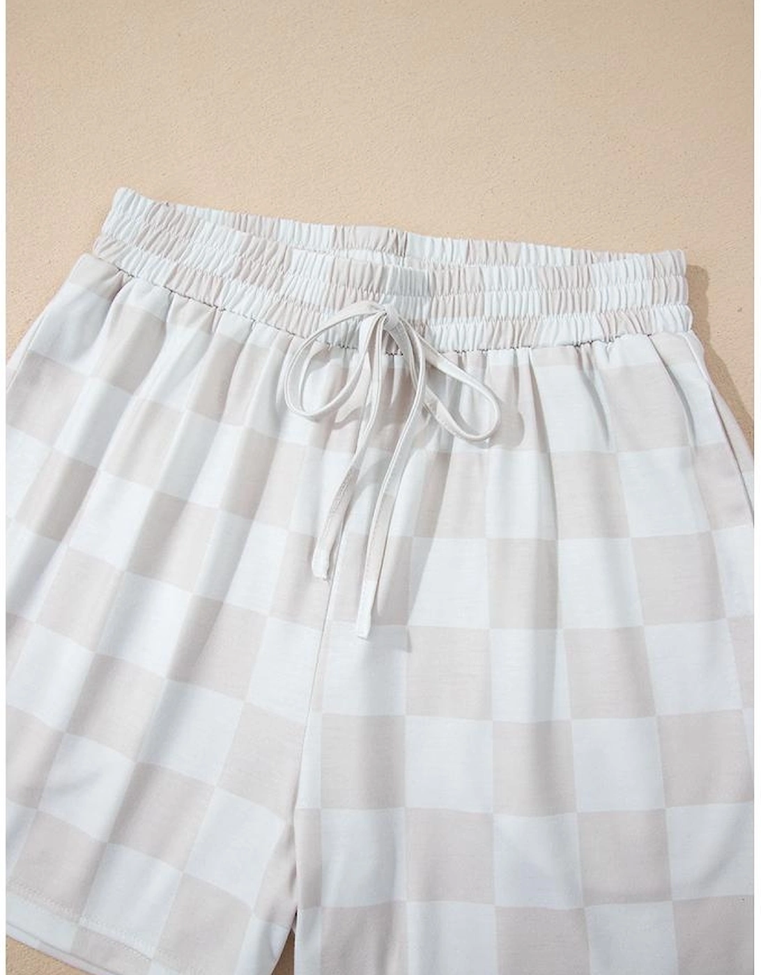 Beige Checkered V Neck Tee Drawstring Shorts Lounge Set
