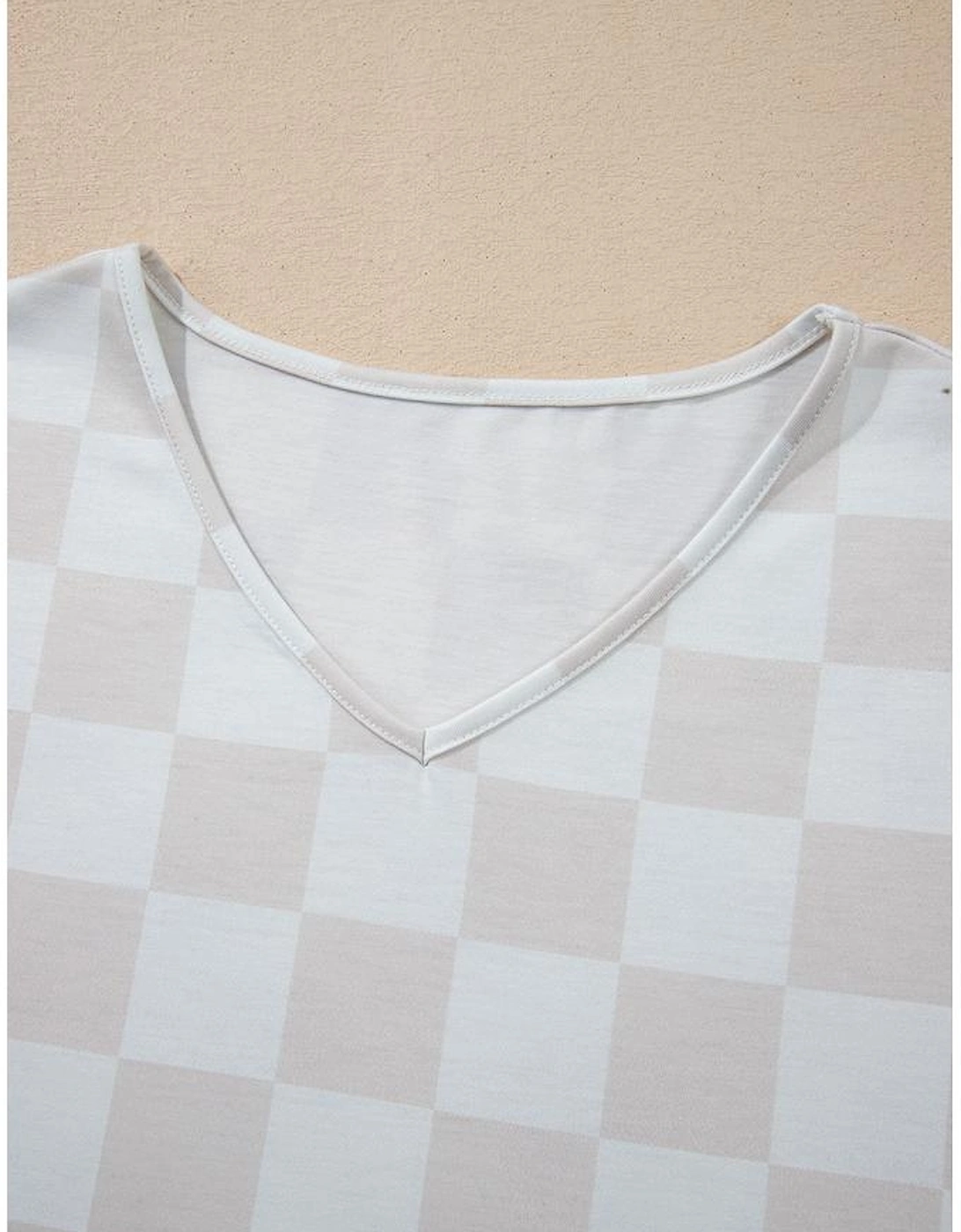 Beige Checkered V Neck Tee Drawstring Shorts Lounge Set