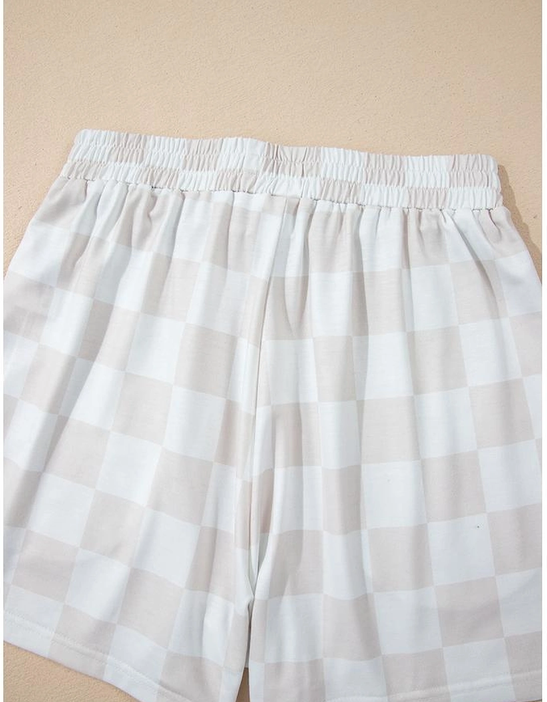 Beige Checkered V Neck Tee Drawstring Shorts Lounge Set