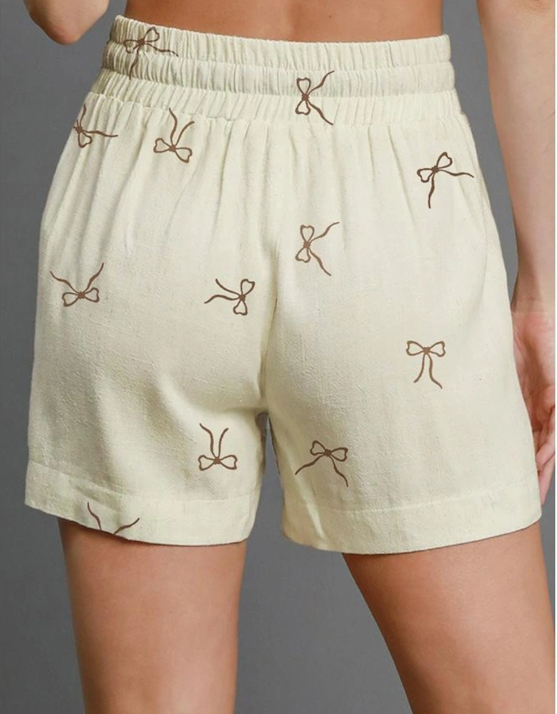 White Bow Print Lace Drawstring Casual Shorts