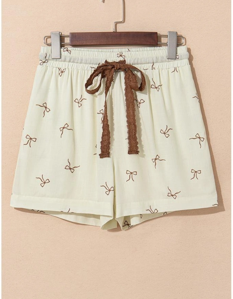 White Bow Print Lace Drawstring Casual Shorts