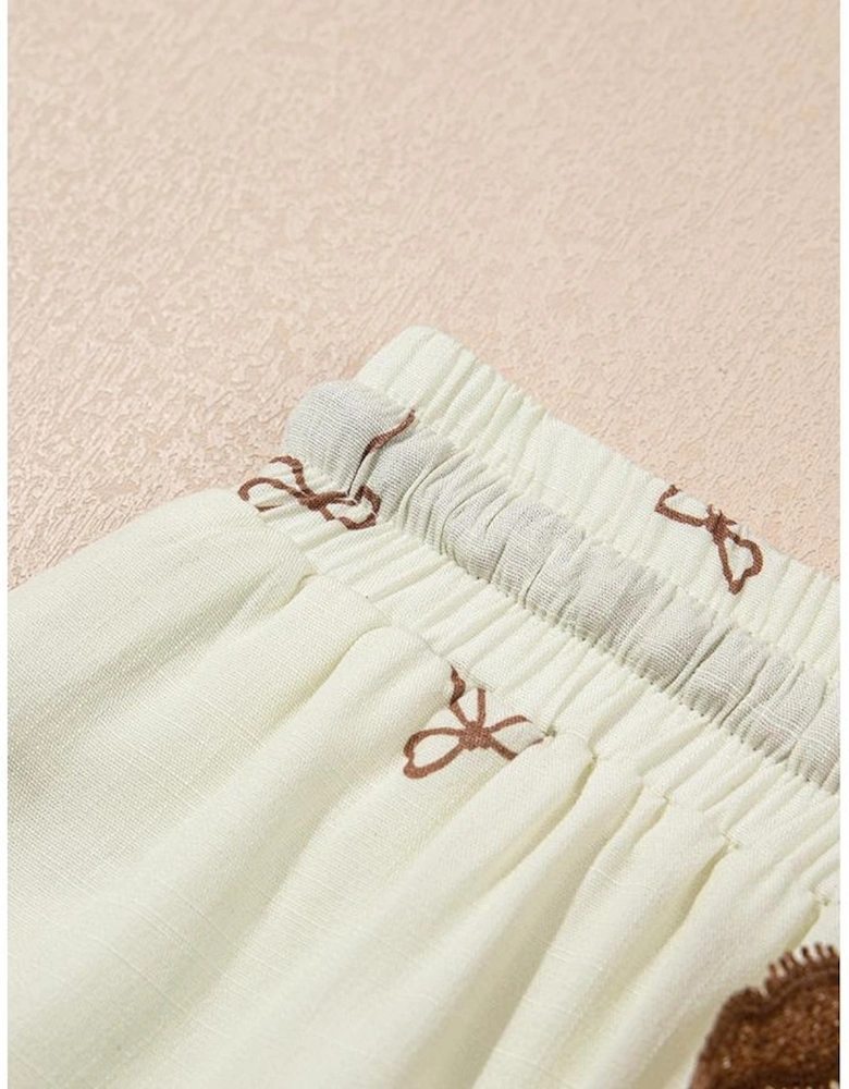 White Bow Print Lace Drawstring Casual Shorts