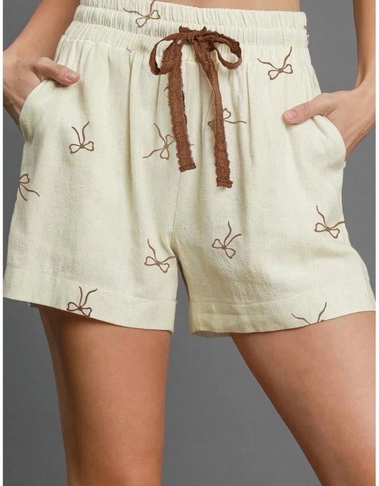 White Bow Print Lace Drawstring Casual Shorts