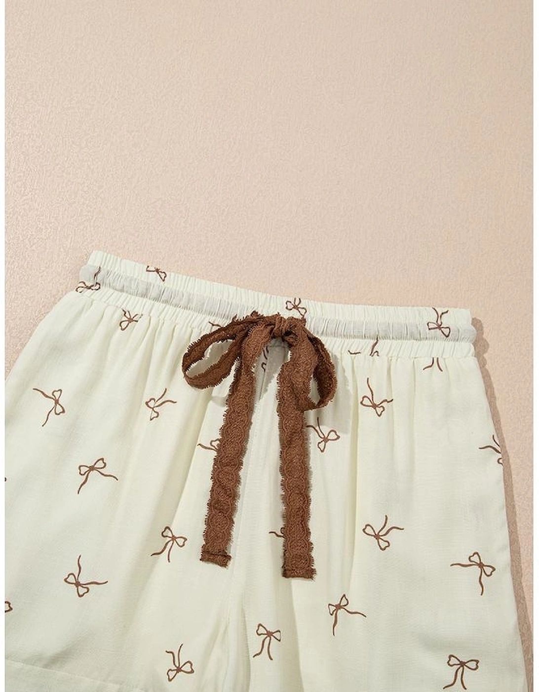 White Bow Print Lace Drawstring Casual Shorts