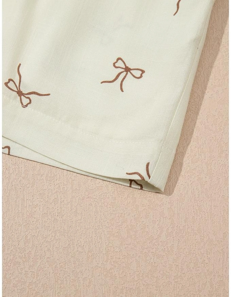 White Bow Print Lace Drawstring Casual Shorts