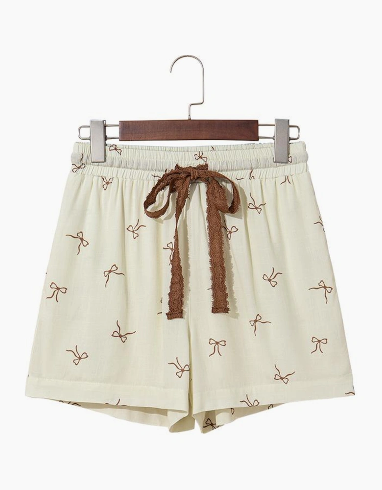 White Bow Print Lace Drawstring Casual Shorts