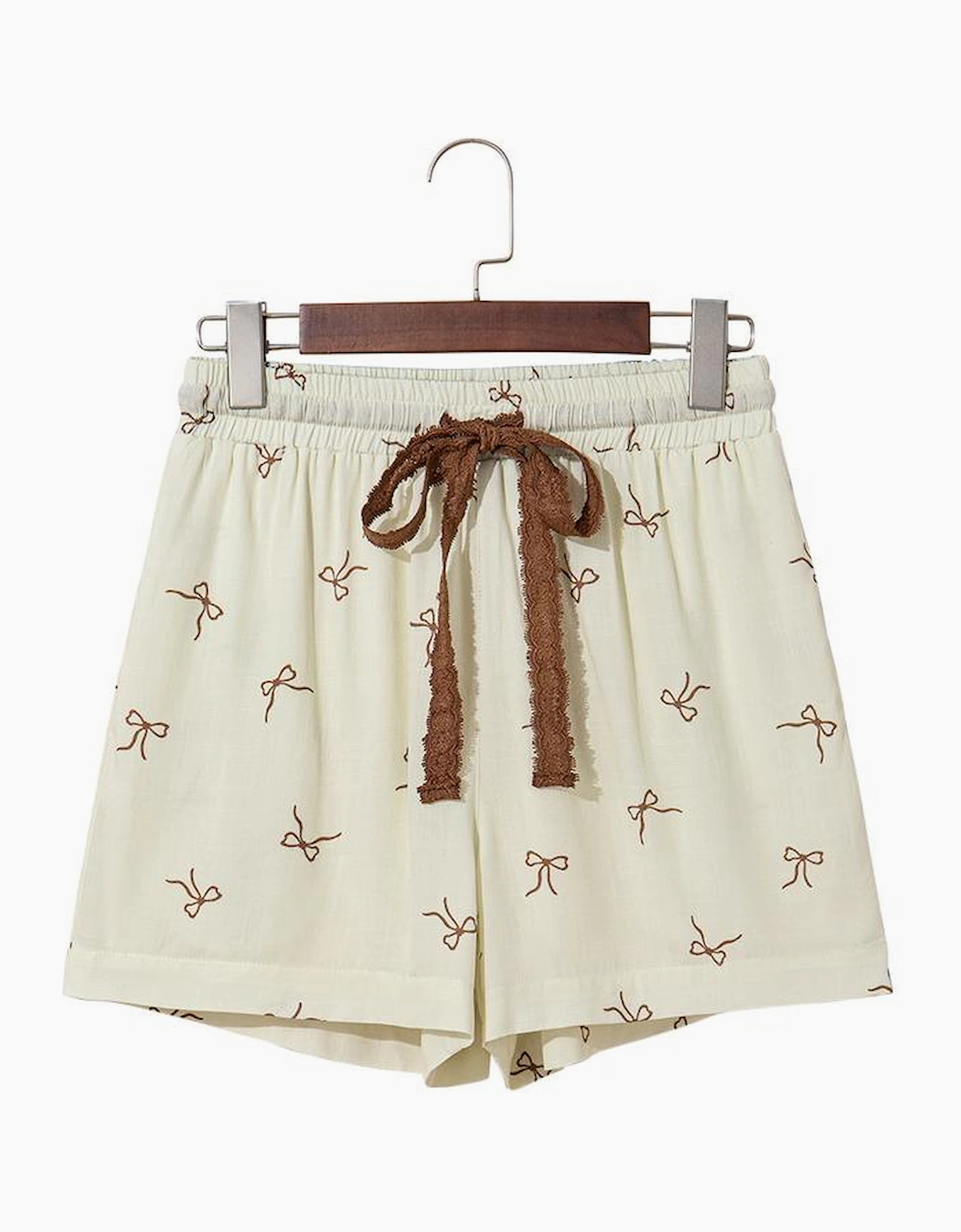 White Bow Print Lace Drawstring Casual Shorts