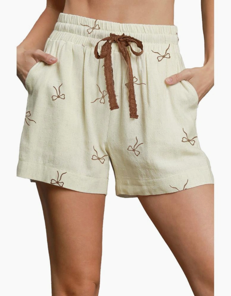 White Bow Print Lace Drawstring Casual Shorts