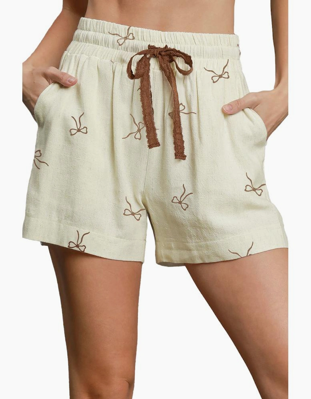 White Bow Print Lace Drawstring Casual Shorts