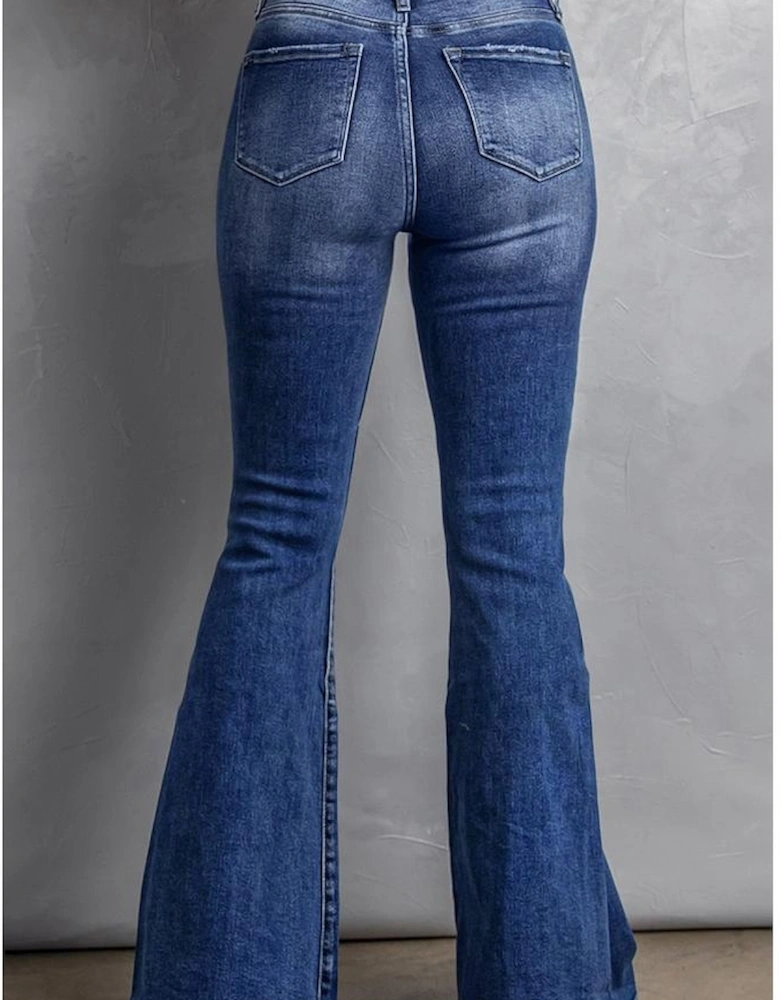 Dark Blue Plus Size Stitching Washed Flare Jeans