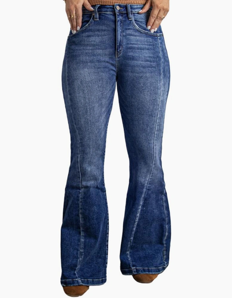 Dark Blue Plus Size Stitching Washed Flare Jeans
