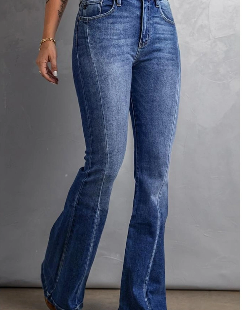 Dark Blue Plus Size Stitching Washed Flare Jeans