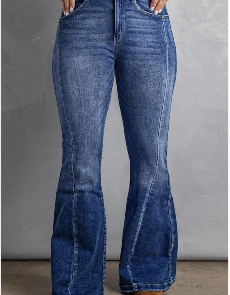 Dark Blue Plus Size Stitching Washed Flare Jeans
