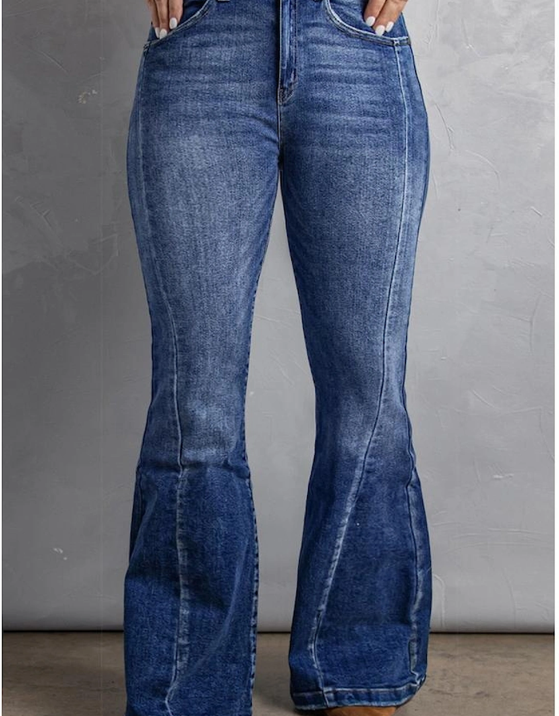 Dark Blue Plus Size Stitching Washed Flare Jeans, 8 of 7