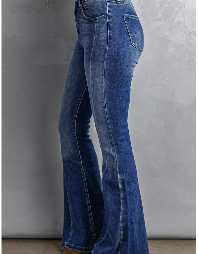 Dark Blue Plus Size Stitching Washed Flare Jeans