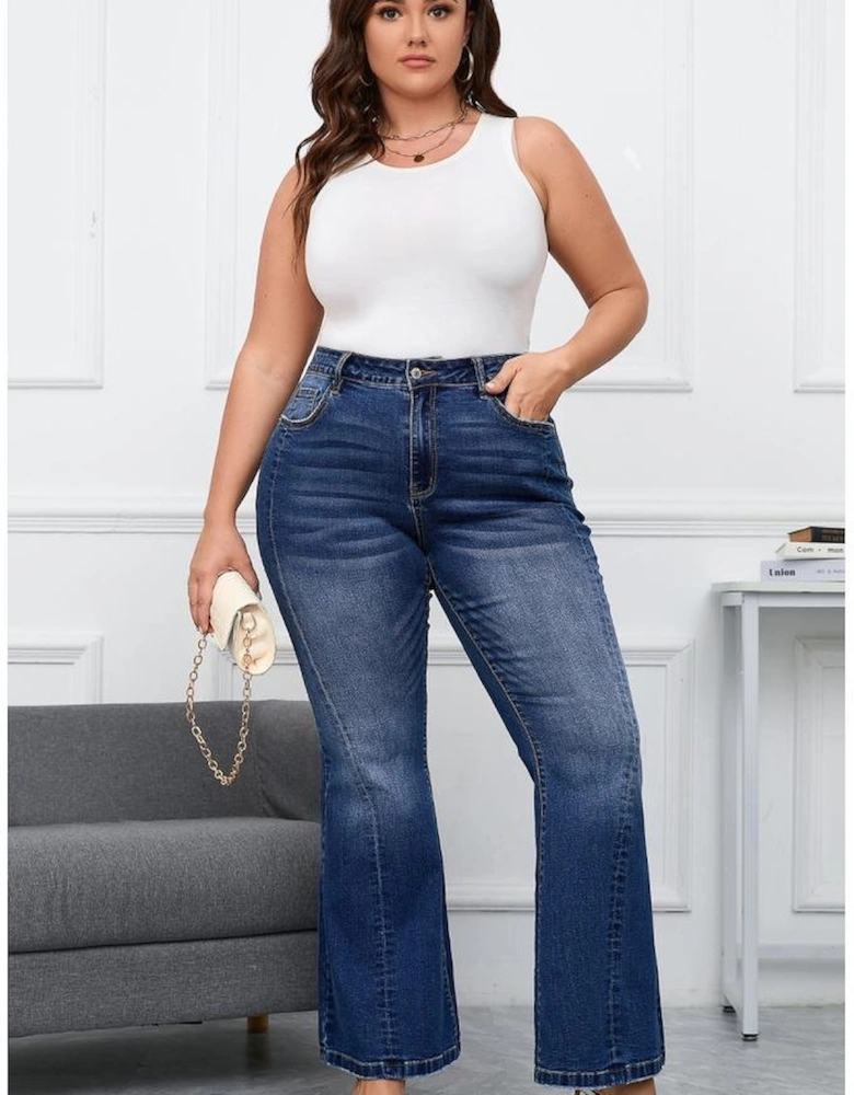 Dark Blue Plus Size Stitching Washed Flare Jeans