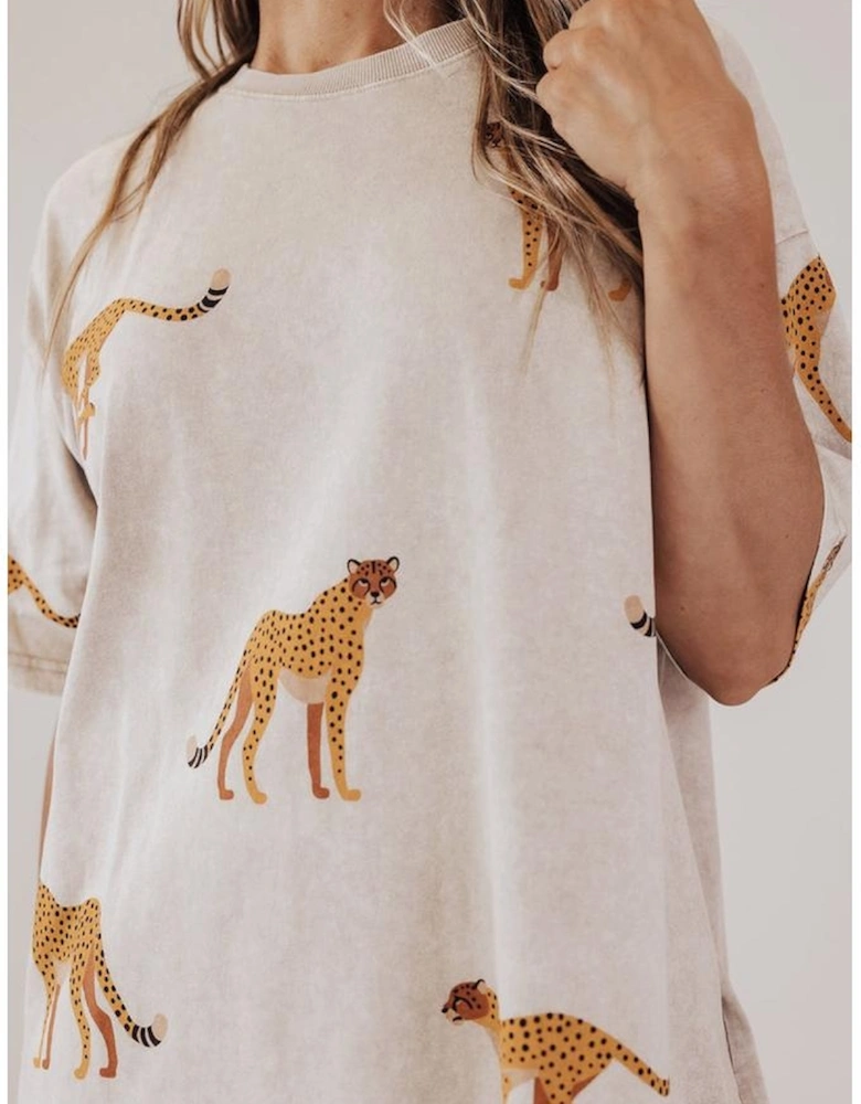 Apricot Plus Size Cheetah Print Side Pockets T Shirt Mini Dress
