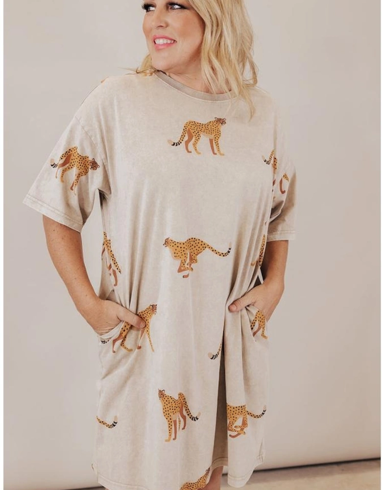 Apricot Plus Size Cheetah Print Side Pockets T Shirt Mini Dress