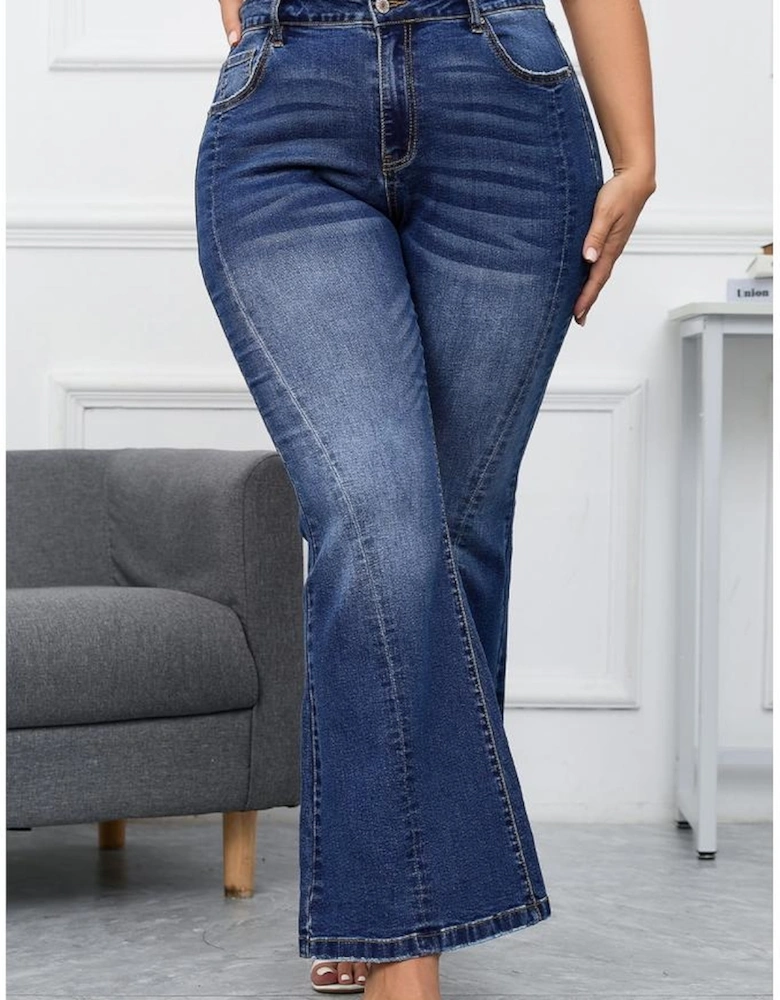 Dark Blue Plus Size Stitching Washed Flare Jeans