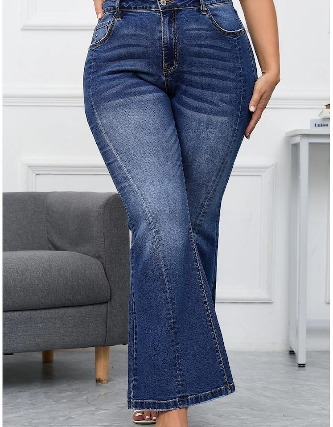 Dark Blue Plus Size Stitching Washed Flare Jeans