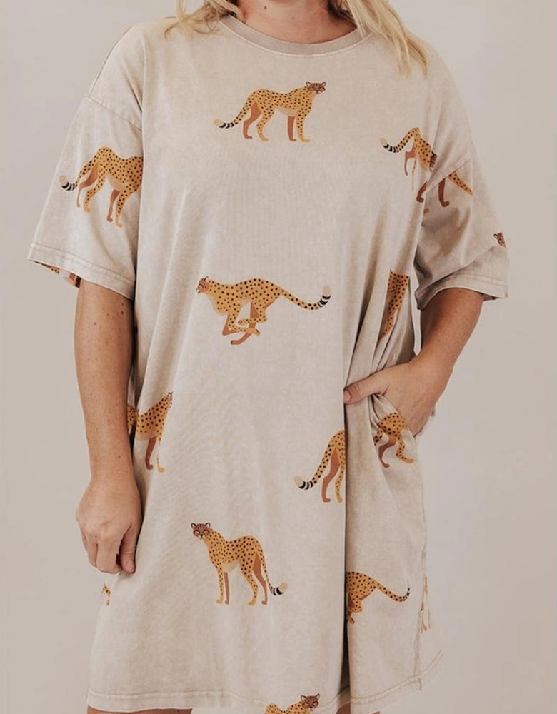 Apricot Plus Size Cheetah Print Side Pockets T Shirt Mini Dress