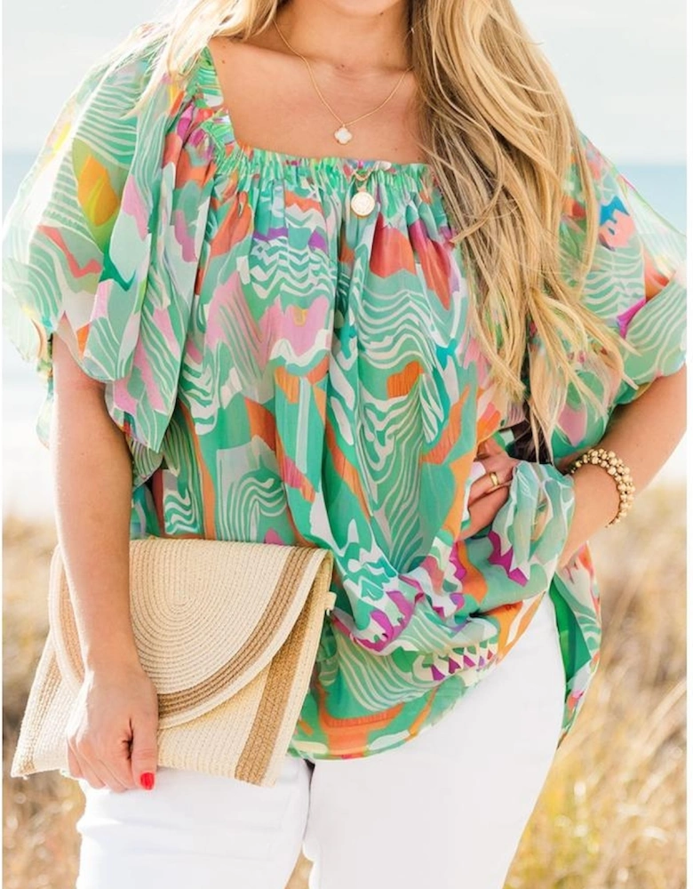 Green Tropical Boho Print Puff Sleeve Square Neck Loose Plus Blouse