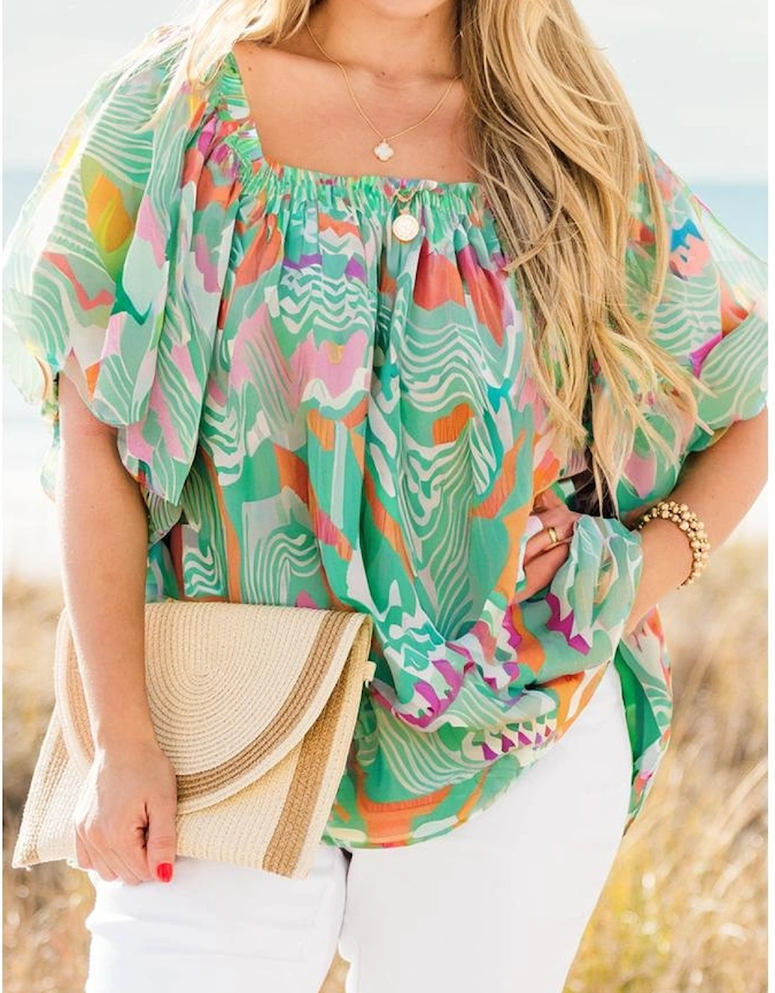 Green Tropical Boho Print Puff Sleeve Square Neck Loose Plus Blouse