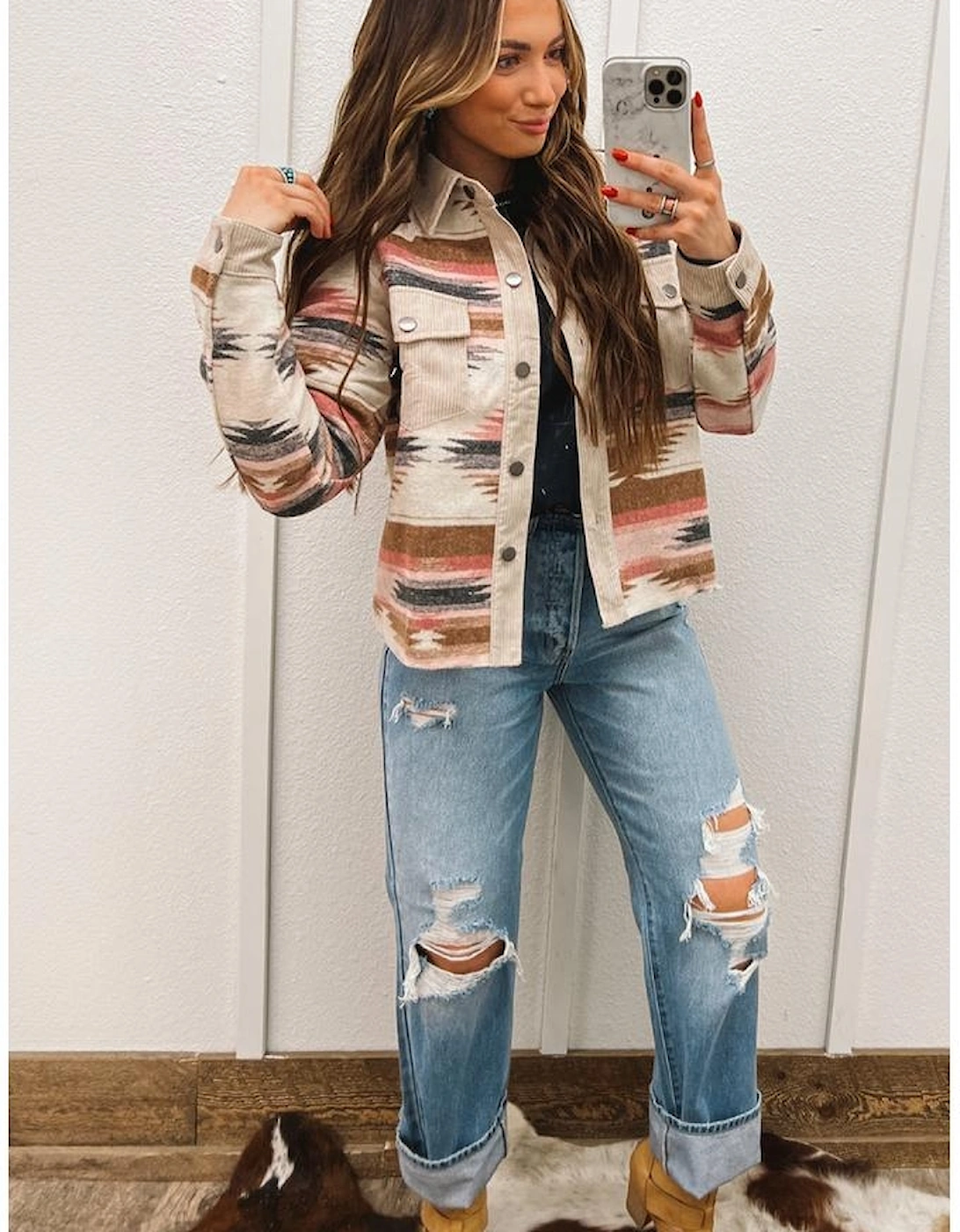 Multicolour Western Aztec Striped Patchwork Double Flap Pocket Raw Hem Shacket