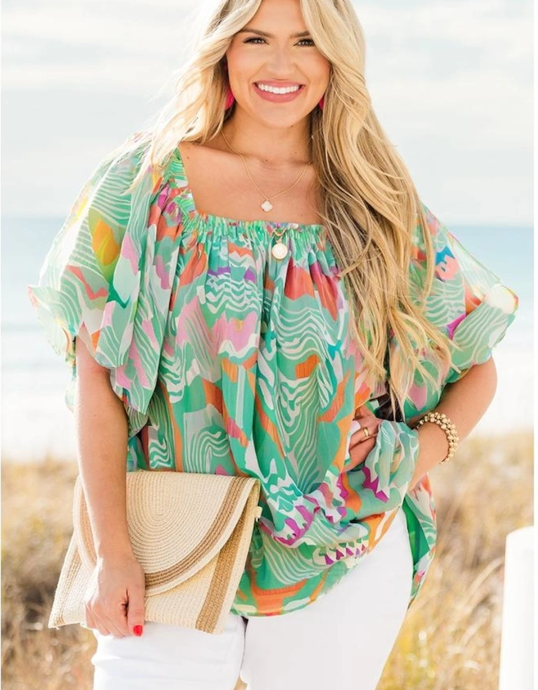 Green Tropical Boho Print Puff Sleeve Square Neck Loose Plus Blouse