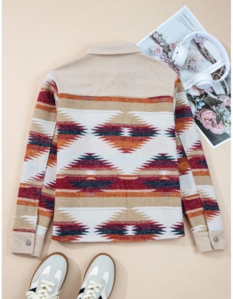 Multicolour Western Aztec Striped Patchwork Double Flap Pocket Raw Hem Shacket