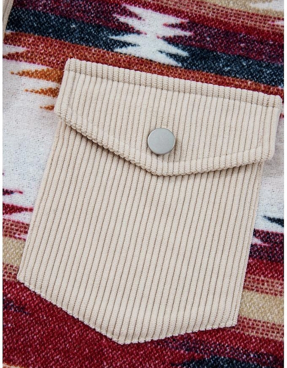 Multicolour Western Aztec Striped Patchwork Double Flap Pocket Raw Hem Shacket