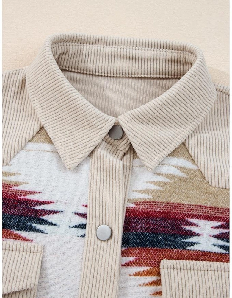 Multicolour Western Aztec Striped Patchwork Double Flap Pocket Raw Hem Shacket