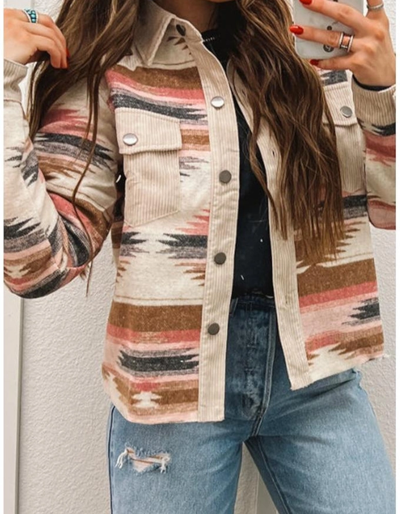 Multicolour Western Aztec Striped Patchwork Double Flap Pocket Raw Hem Shacket
