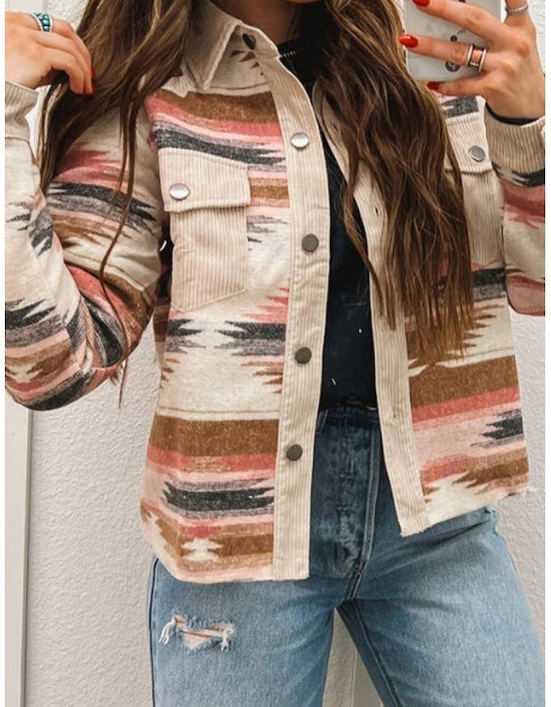 Multicolour Western Aztec Striped Patchwork Double Flap Pocket Raw Hem Shacket