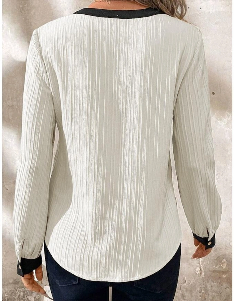 White Textured Colorblock V Neck Elegant Blouse
