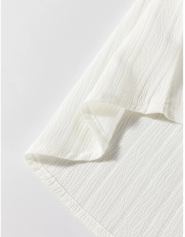 White Textured Colorblock V Neck Elegant Blouse