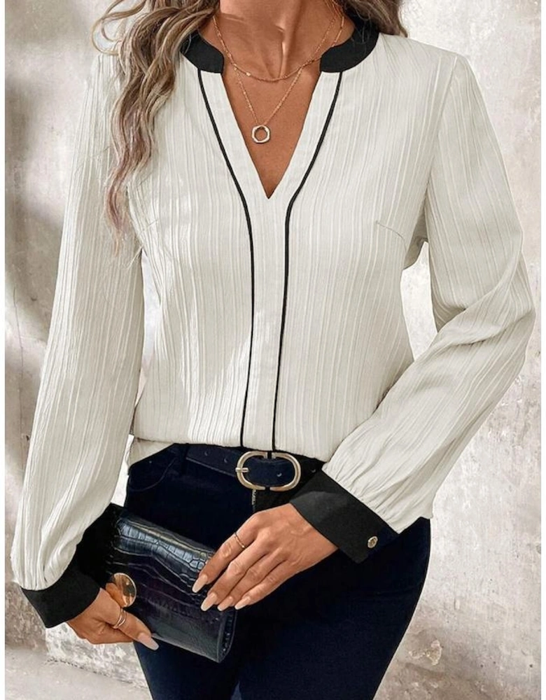 White Textured Colorblock V Neck Elegant Blouse