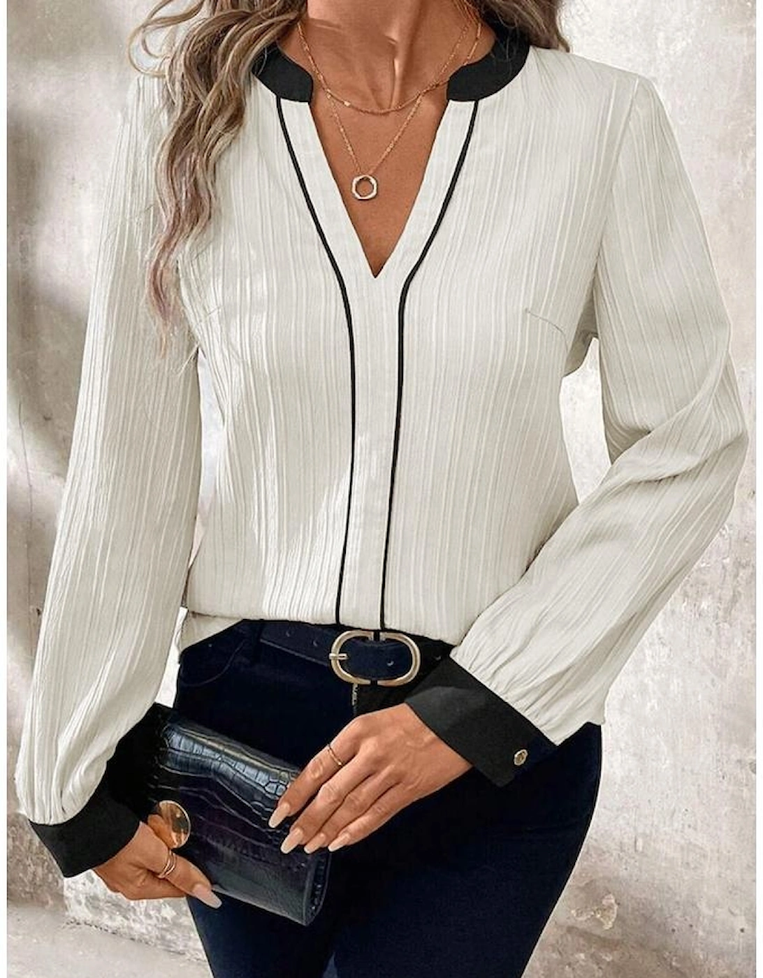 White Textured Colorblock V Neck Elegant Blouse