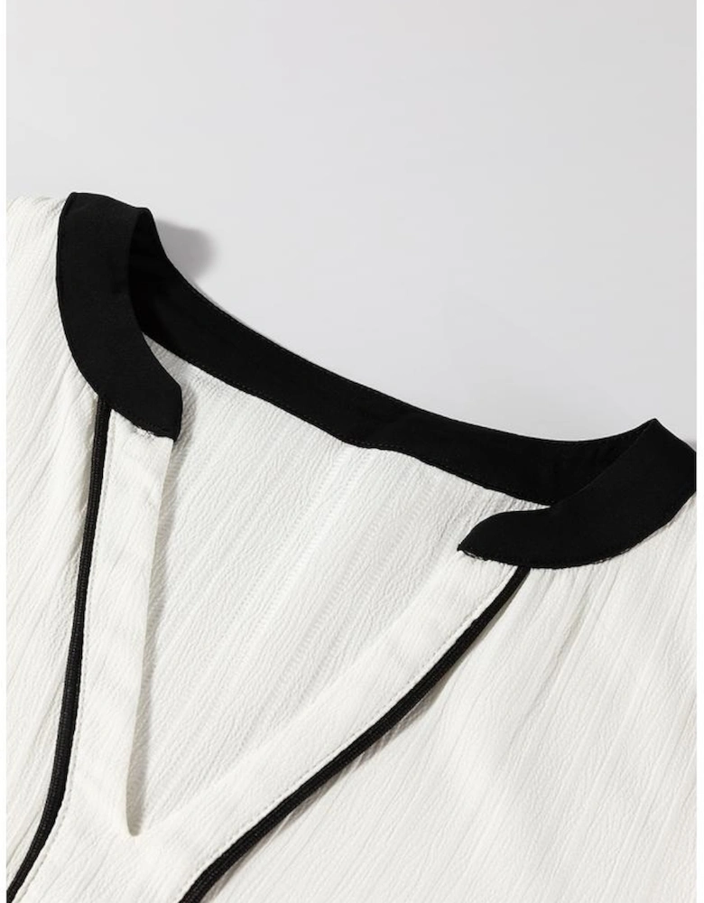 White Textured Colorblock V Neck Elegant Blouse