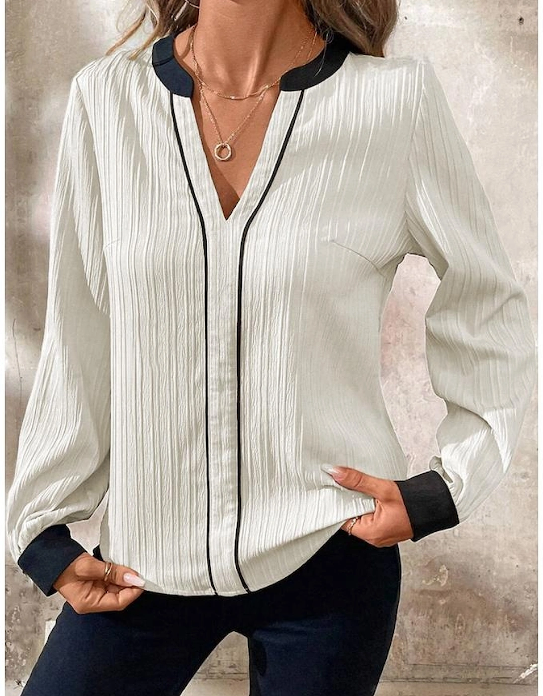 White Textured Colorblock V Neck Elegant Blouse
