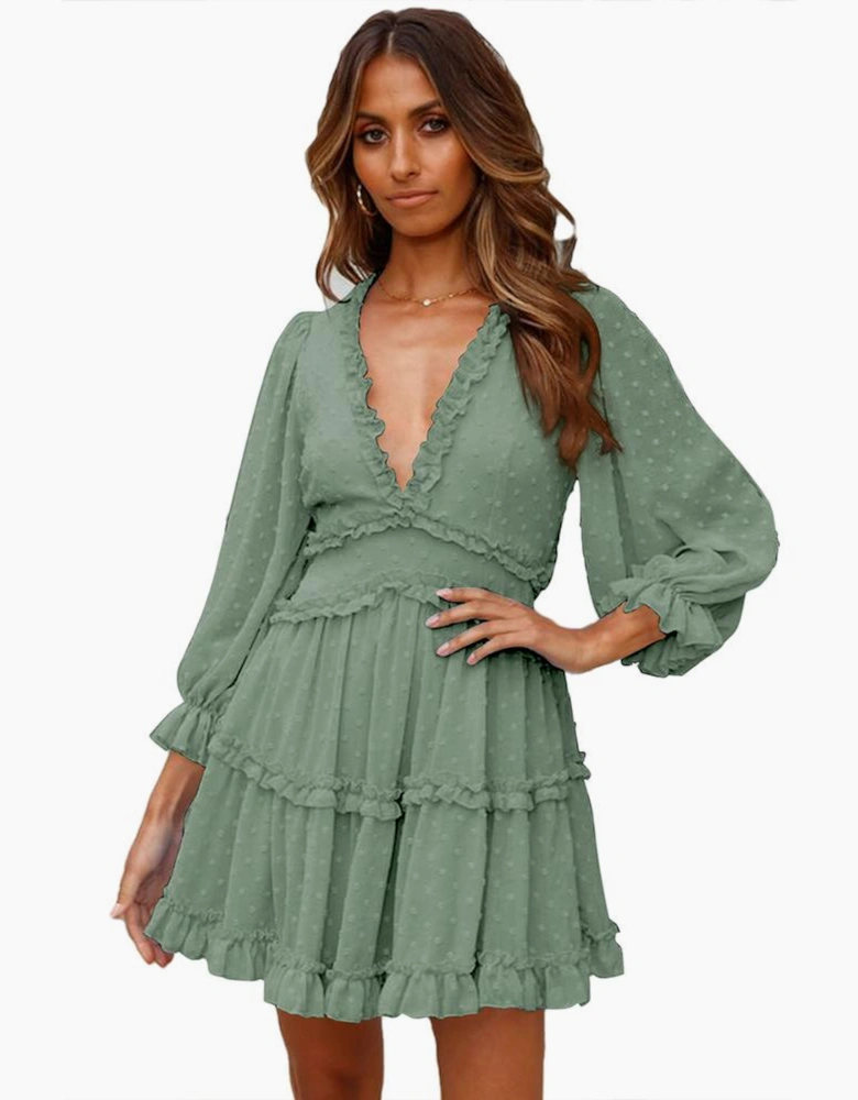 Green Layered Ruffled Open Back Puff Sleeve Swiss Dot Mini Dress