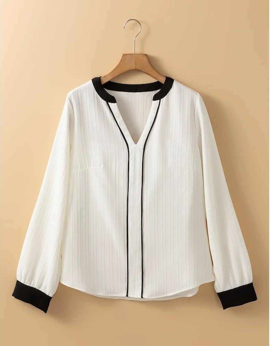 White Textured Colorblock V Neck Elegant Blouse
