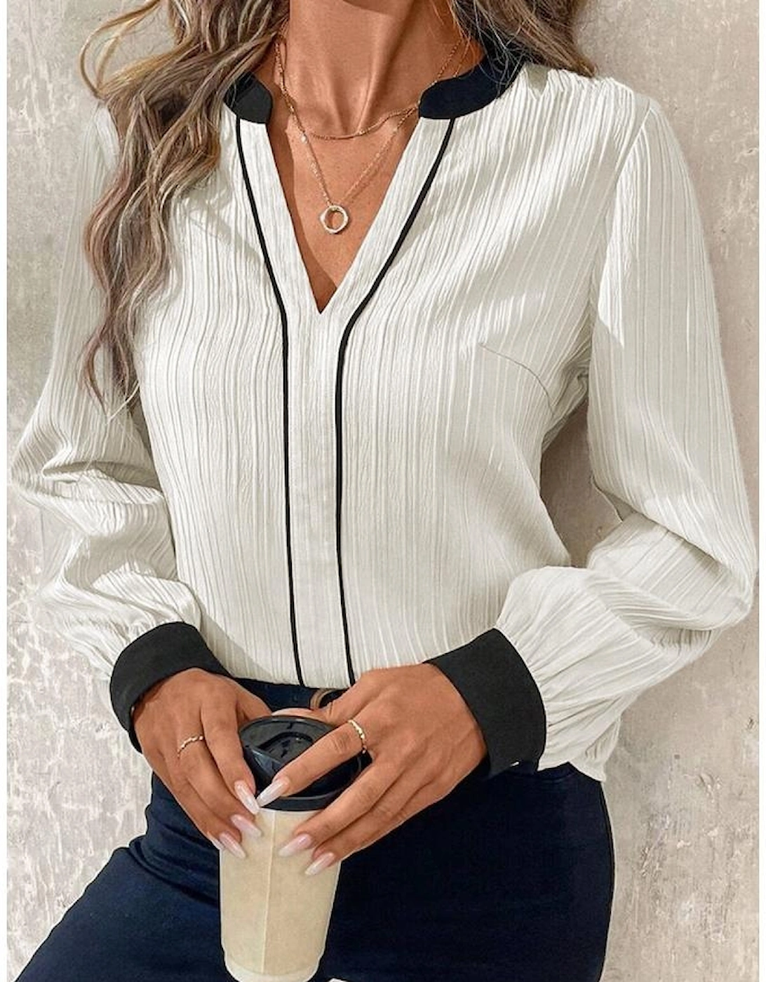 White Textured Colorblock V Neck Elegant Blouse