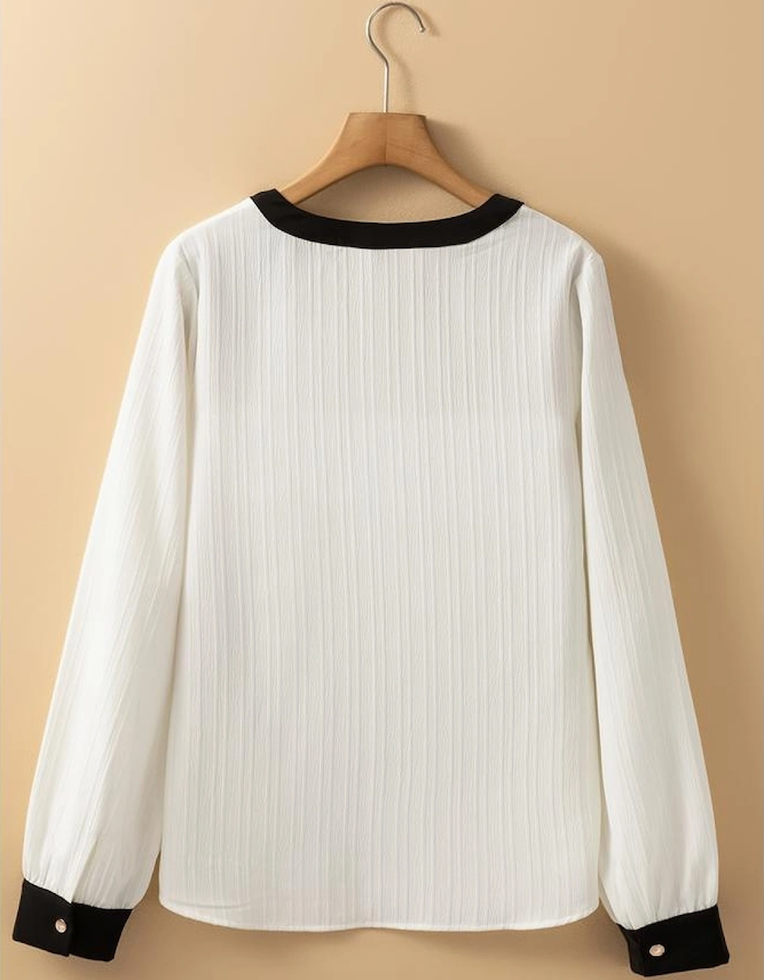 White Textured Colorblock V Neck Elegant Blouse