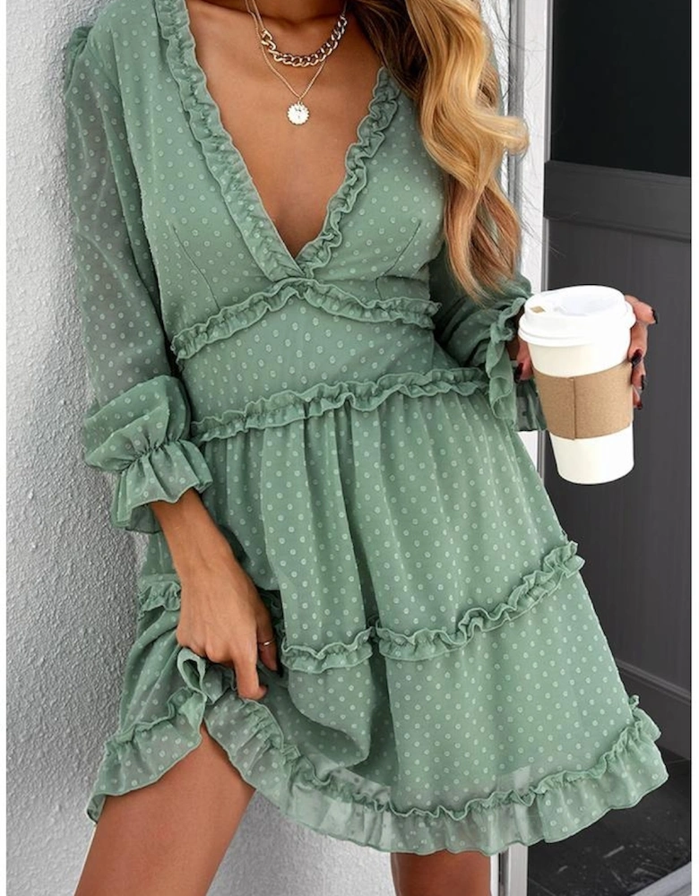 Green Layered Ruffled Open Back Puff Sleeve Swiss Dot Mini Dress