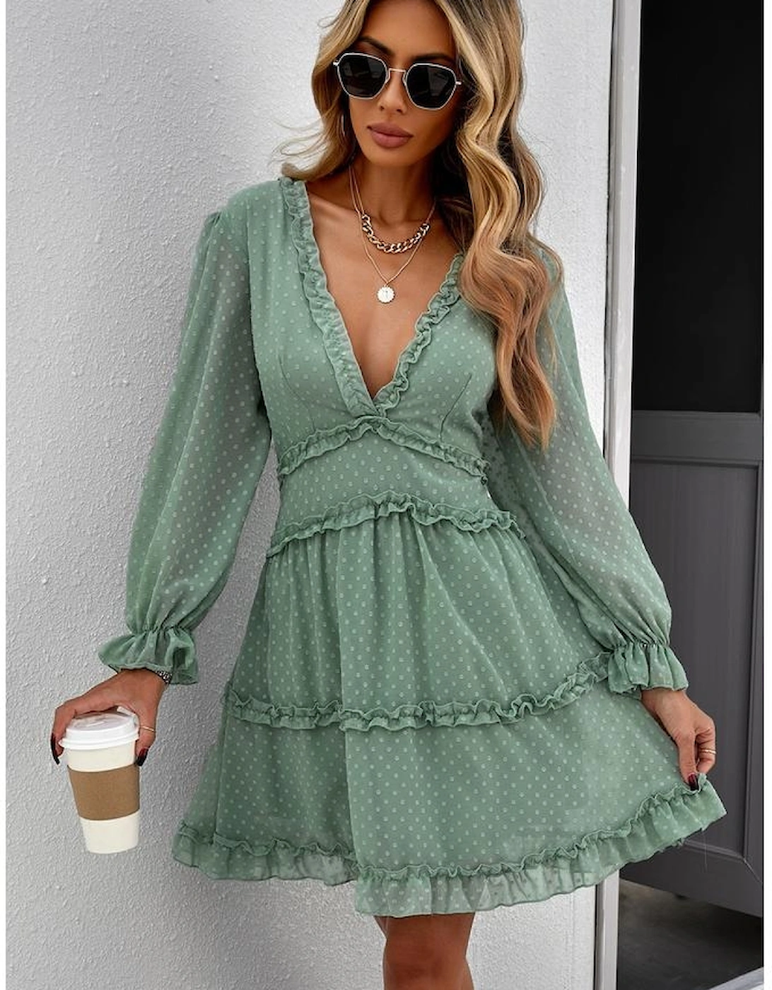 Green Layered Ruffled Open Back Puff Sleeve Swiss Dot Mini Dress